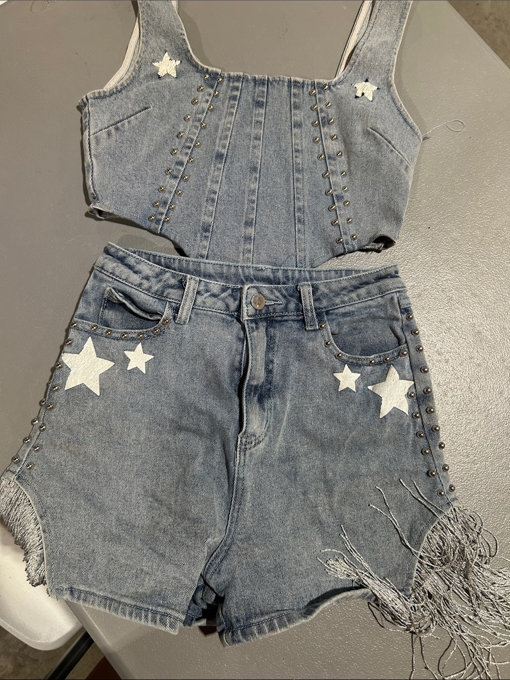 Denim Star Embellished Crop Top & Shorts Set - Blue